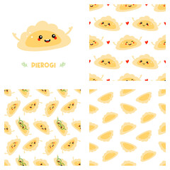Cute smiling cartoon style pierogi, filled dumplings characters and set, collection of three pierogi vector seamless pattern backgrounds. 
