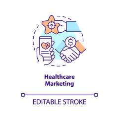 Healthcare marketing concept icon. Brand awareness. Promoting medical services abstract idea thin line illustration. Isolated outline drawing. Editable stroke. Arial, Myriad Pro-Bold fonts used