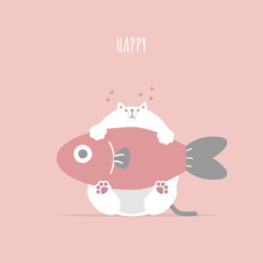 cute and lovely white cat with fish, happy valentine's day, love concept, flat vector illustration cartoon character costume design