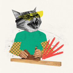 Contemporary art collage. Creative design. Cat's head with human hands doing wood carving