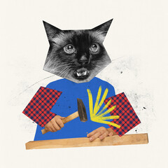 Contemporary art collage. Creative design. Cat's head with human hands doping wood works. Carpenter