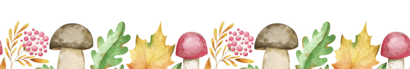 Watercolor seamless border with mushrooms, berries, oak and maple leaves. Vintage frame for holiday design creating