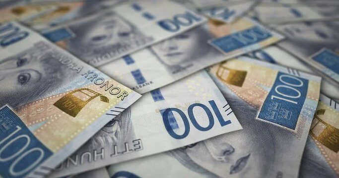 Swedish Krona 100 SEK banknote surface. Flying over Sweden money note. 3D abstract concept of business, inflation, economy, finance, crisis and banking.