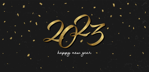 Fototapeta na wymiar golden happy new year 2023 greeting card banner with confetti, vector illustration