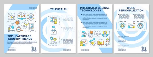 Fototapeta na wymiar Healthcare industry trends blue brochure template. Health sector. Leaflet design with linear icons. Editable 4 vector layouts for presentation, annual reports. Arial, Myriad Pro-Regular fonts used