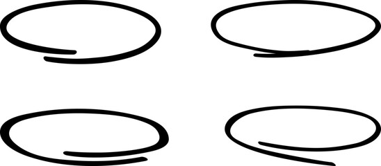 Black circle, pen draw set. Highlight hand drawing different circles isolated on background. Handwritten black circle. For marking text, numbers, marker pen, pencil and text check, vector illustration