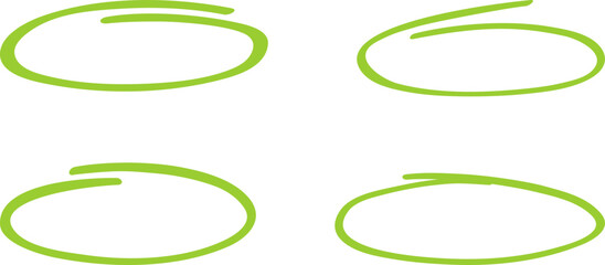 Green circle, pen draw set. Highlight hand drawing different circles isolated on background. Handwritten green circle. For marking text, numbers, marker pen, pencil and text check, vector illustration