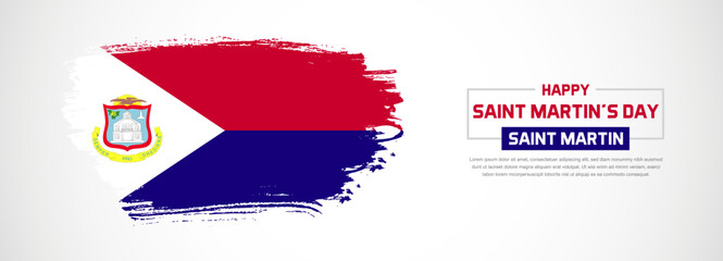 Abstract flag of Saint Martin on hand drawn brush strokes. Happy Independence Day with grunge style vector background