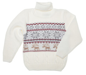 Kids warm Christmas turtleneck sweater on white background