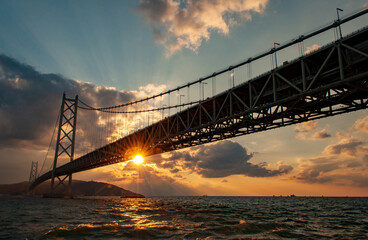夕日と吊橋（明石海峡大橋）