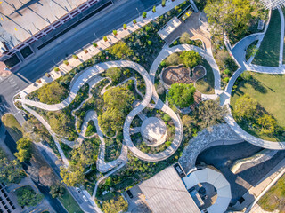 Waterloo Park aerial view of concrete curved abstract pathways at Austin, Texas