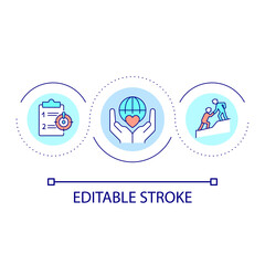 Volunteering activity loop concept icon. Supportive program providing. Social organization abstract idea thin line illustration. Isolated outline drawing. Editable stroke. Arial font used