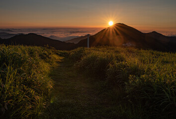 四国カルストで迎える朝日と広がる草原の風景