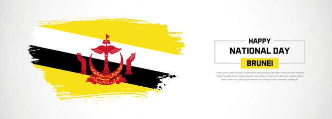 Abstract flag of Brunei on hand drawn brush strokes. Happy Independence Day with grunge style vector background