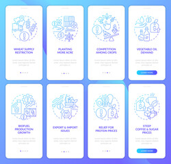 Naklejka premium Agriculture problems blue gradient onboarding mobile app screen set. Farming walkthrough 4 steps graphic instructions with linear concepts. UI, UX, GUI template. Myriad Pro-Bold, Regular fonts used