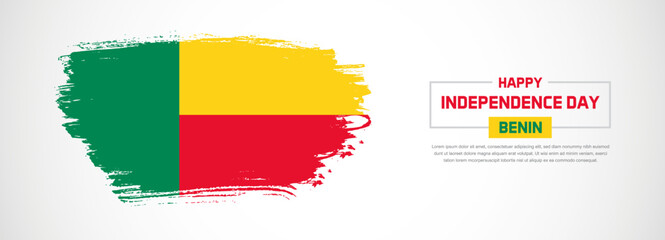 Obraz premium Abstract flag of Benin on hand drawn brush strokes. Happy Independence Day with grunge style vector background