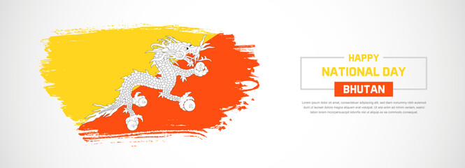 Abstract flag of Bhutan on hand drawn brush strokes. Happy Independence Day with grunge style vector background