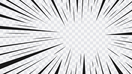 Obraz premium Abstract comic book flash explosion radial lines on transparent background. Vector illustration superhero design. Bright black light strip burst. Flash ray blast glow. Speed lines Manga frame. Anime