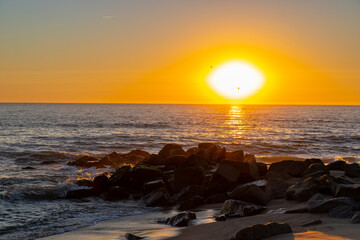 Fototapeta na wymiar Sunset on the beach, Horizon by the sea, Rocks and birds