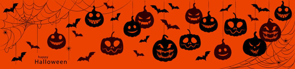 Halloween pumpkins hanging from a web on an orange background, vector illustration. Congratulatory banner for the site header with scary pumpkins, cobwebs and bats. Happy Halloween