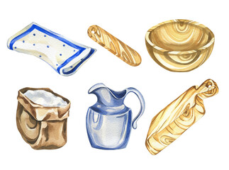watercolor illustration. wooden supplies for the pastry chef. kitchen and dining room. wood utensils