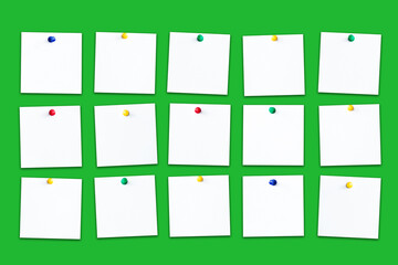 Sticky notes background. Reminder cards pinned to green wall. Office message texture. Empty copy space blank paper. Memo cards background.