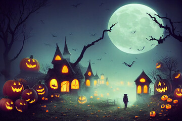 Halloween background with pumpkins and a haunted mansion, full moon, mist, and flying bats, spooky and creepy atmosphere