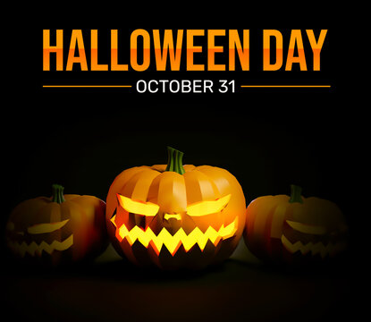 Halloween Day Background with 3d Rendered glowing scary pumpkins on the floor. Happy halloween day backdrop