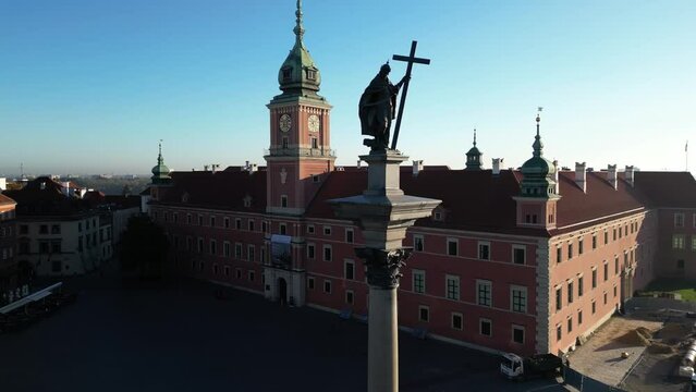 Aerial view of modern European capital city, Warsaw, Poland, Castle Square