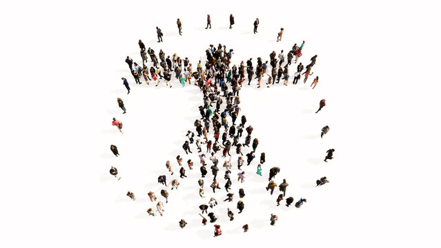 Concept or conceptual large gathering  of people forming an image of the vitruvius man on white background. A 3d illustration metaphor for architecture, renaissance, anthropology and physiology