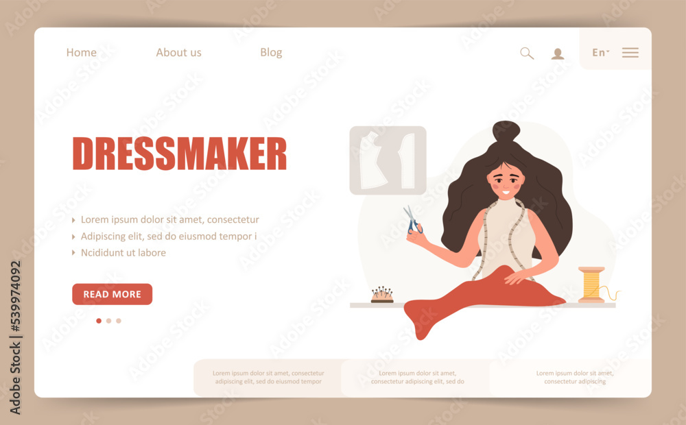 Wall mural dressmaker landing page or web banner template. woman seamstress with scissors cuts red fabric. fash
