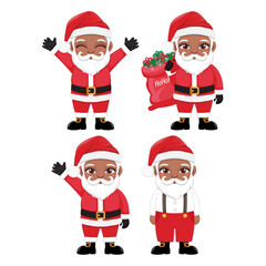 Set of Black Santa Claus Vector isolated on white background. Cute Afro Santa Cartoon Character with gift, bag with presents, waving and greeting, Casual Santa. For Christmas cards, banners