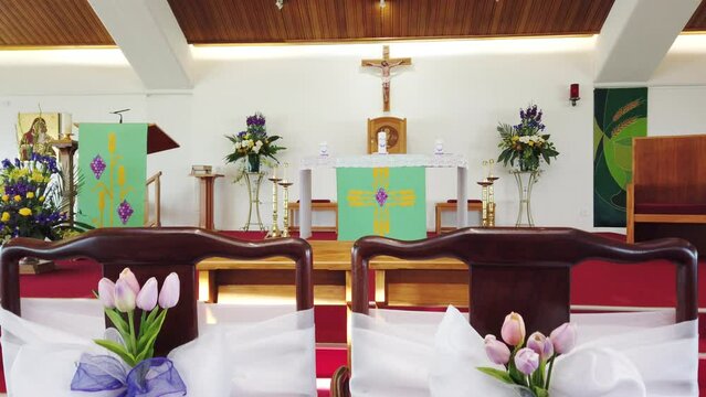 church decorated with beautiful wedding decorations
