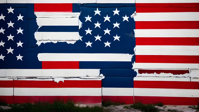 a cracked paint graffiti of an american flag on an old aging house wall - illustration - background texture - stars and stripes