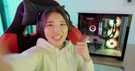 Japan, selfie or gamer woman with thumbs up for live streaming, communication or gaming in neon workspace. Social media portrait, profile influencer update or asian streamer with smartphone tech