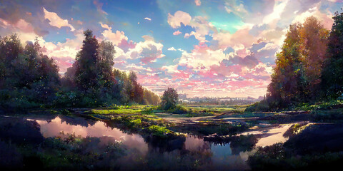 WIde Angle Japanese Anime Landscape Background. Clear Sky with Dynamic Cloud. Sakura Tree. Beautiful Scenery.