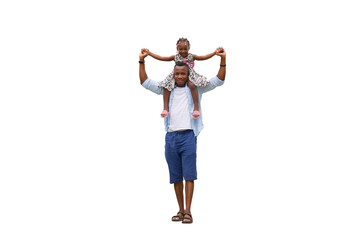 Father carrying daughter on shoulders, Cheerful african american girl on the shoulders of his father