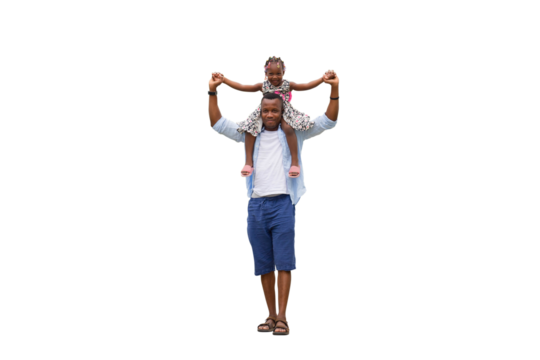 Father carrying daughter on shoulders, Cheerful african american girl on the shoulders of his father