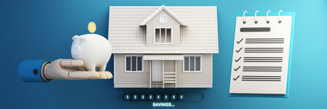 Saving money for a home. The concept is the accumulation of money for housing, mortgages, affordable housing, the dream of owning a home, loan installments. cartoon style. 3d rendering illustration