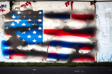 a cracked paint graffiti of an distorted american flag on an old aging house wall - illustration - background texture - stars and stripes