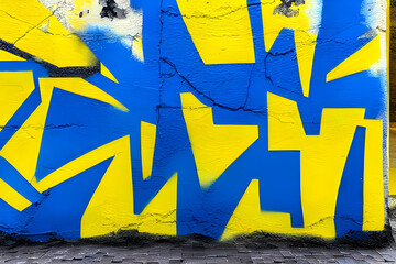 a cracked paint graffiti of the ukraine flag colors on an old aging house wall - illustration - background texture
