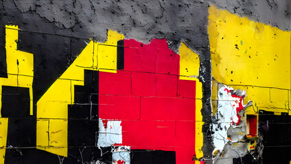 a cracked paint graffiti of the german / belgian flag colors on an old aging house wall - illustration - background texture