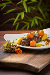 Haute cuisine/Asian fusion, roasted beef fillet