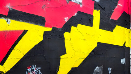 a cracked paint graffiti of the german / belgian flag colors on an old aging house wall - illustration - background texture