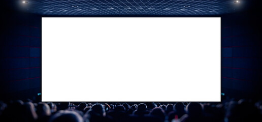 Cinema. White screen in the cinema and the audience watching the movie.