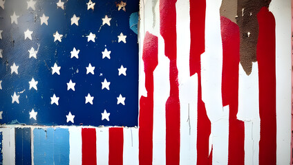a cracked paint graffiti of an american flag on an old aging house wall - illustration - background texture - usa - united states or america - red white blue
