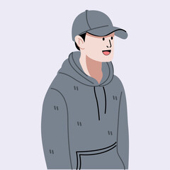 Young man wear hoodie and cap flat illustration