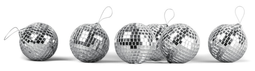 Silver disco mirror balls isolated on white background
