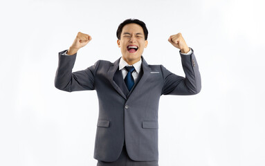 Asian businessman in grey suit white shirt blue tie posing success and happy on white background.
