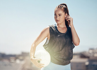 Woman, soccer ball or thinking of fitness goals, training match target or Canada city workout game....
